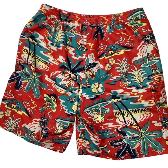 Polo Ralph Lauren Mens Red Hawaiian Tropical Print Swim Trunks Medium 7.5 Inseam - Picture 2 of 12